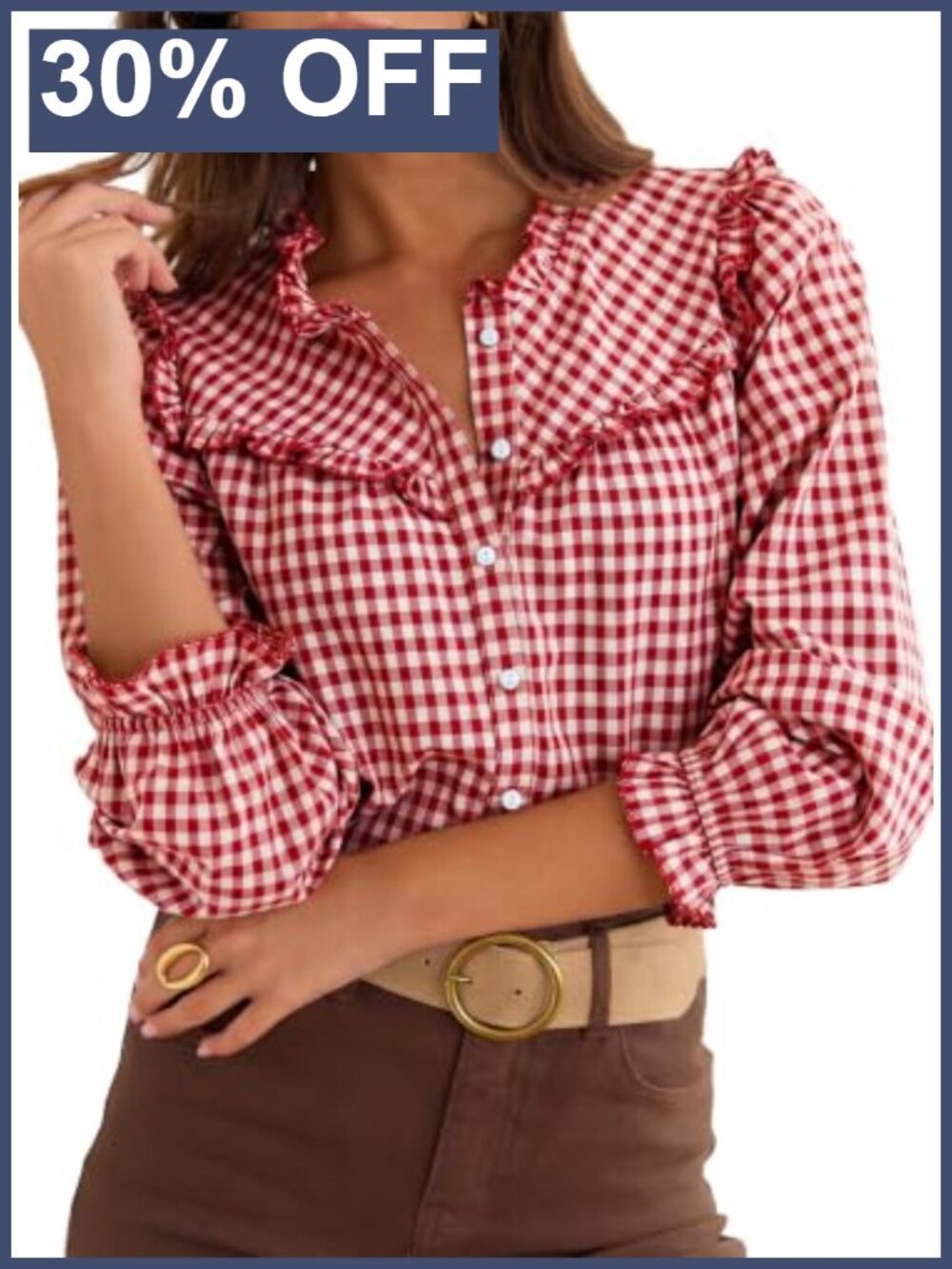 Gingham Ruffle Blouse Button Down Long Puff Sleeve Cotton Blend Top